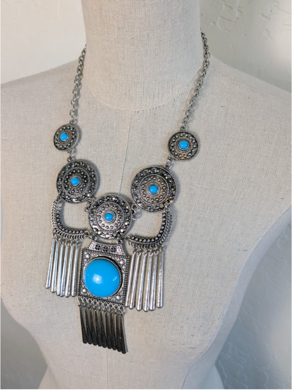 Silver Tone Faux Turquoise and Marcasite Fringe Bib Necklace Boho 18.5-20.5"